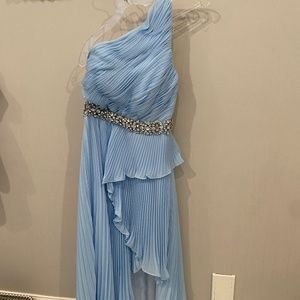 Mac Duggal Pleated one shoulder asymmetrical ruffle hem gown